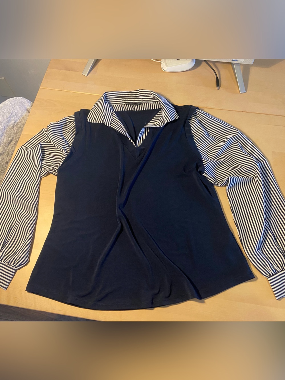 Navy striped sweater with built in shirt